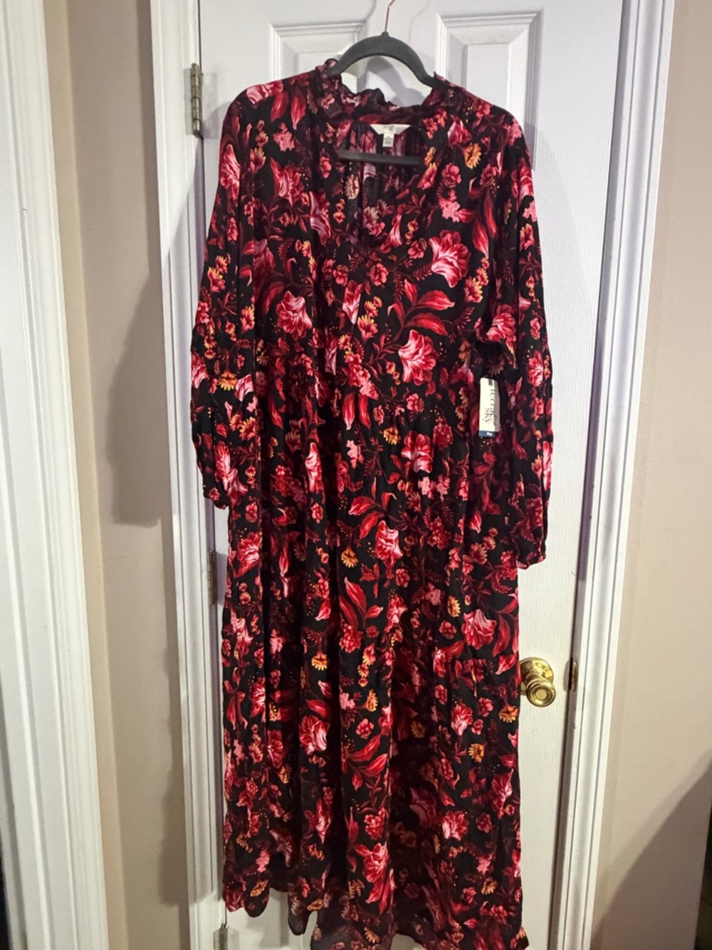 Terra & Sky Black Maxi Dress with Red Floral Print